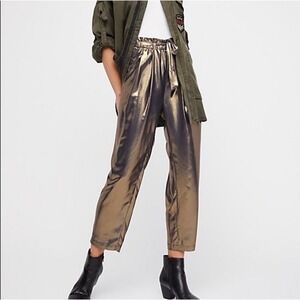 Free People Gold Metallic Metal Slinky Harem Pants‎ Sz L